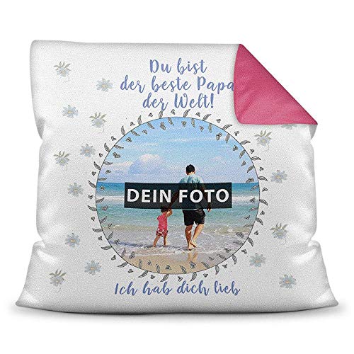 PR Print Royal Kissen mit eigenem Bild und Namen für den Papa - Blau/Foto-Collage als Geschenkidee/Zier-Kissen/Deko-Kissen/Rückseite Himbeere inkl. Füllung von PR Print Royal