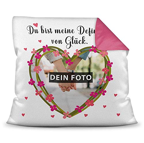 PR Print Royal Kissen mit eigenem Partner-Bild, Namen und Datum für Pärchen - Definition Glück/Foto-Collage als Geschenkidee/Zier-Kissen/Deko-Kissen/Rückseite Himbeere inkl. Füllung von PR Print Royal