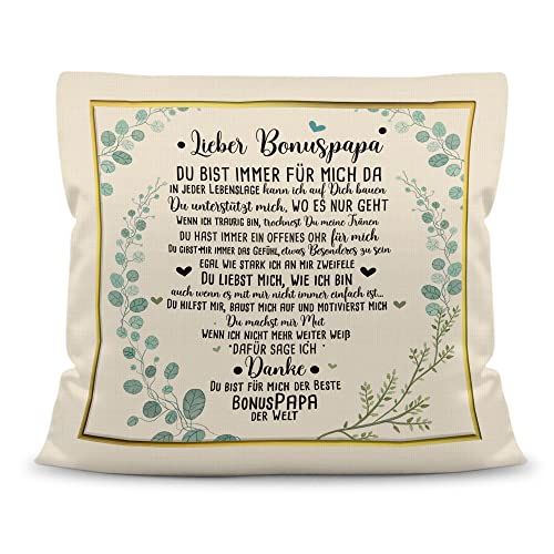 PR Print Royal Kissen mit schönem Spruch für Bonuspapa - Danke Bonuspapa - Geschenk für den besten Bonuspapa zum Vatertag - inkl. Füllung, Kissen Polyester Beige, 40x40 cm von PR Print Royal