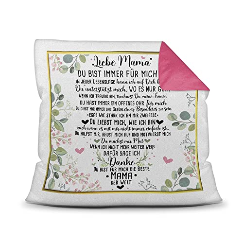 PR Print Royal Kissen mit schönem Spruch für Mama - Danke Mama - Geschenk für die Beste Mama zum Muttertag - inkl. Füllung, Farbkissen Rückseite Pink, 40x40 cm von PR Print Royal