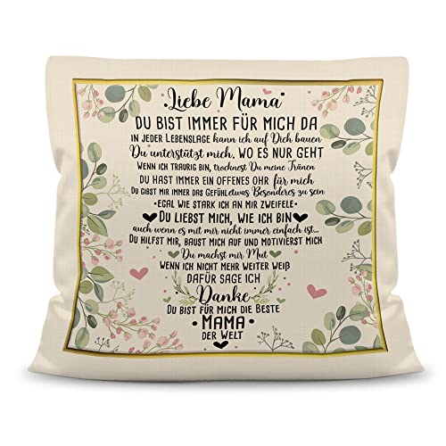 PR Print Royal Kissen mit schönem Spruch für Mama - Danke Mama - Geschenk für die Beste Mama zum Muttertag - inkl. Füllung, Kissen Polyester Beige, 40x40 cm von PR Print Royal