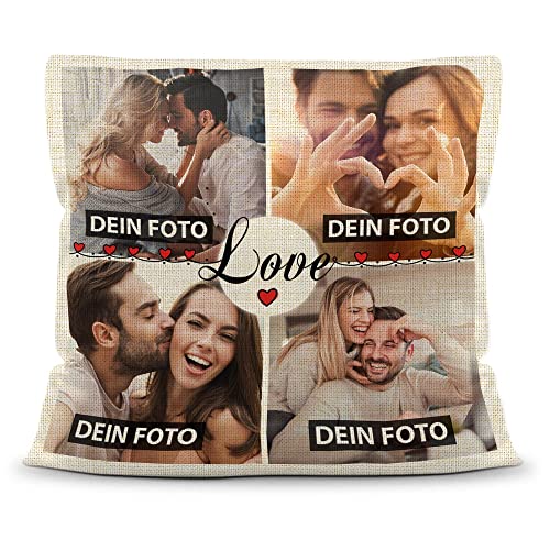 PR Print Royal Kissen selbst gestalten Leinen Optik - Collage mit 4 Fotos Bedrucken - Ich Liebe Dich - Geschenk Valentinstag Geburtstag Weihnachten - Fotokissen Natur inkl. Füllung, 40x40 cm von PR Print Royal