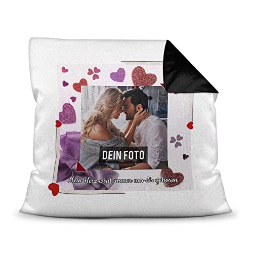 PR Print Royal Kissen selbst gestalten - mit Foto Bedrucken - Mein Herz gehört dir - Partner-Geschenk Valentinstag, Jahrestag, Paar - Farbkissen Rückseite Schwarz, 40x40 cm I Personalisiert von PR Print Royal