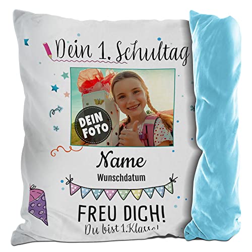 PR Print Royal Kissen zur Einschulung selbst gestalten - Dein 1. Schultag - mit Name, Datum und Foto Personalisieren - Geschenke zur Einschulung | Rückseite Hellblau, 40x40cm von PR Print Royal