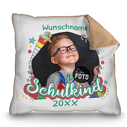 PR Print Royal Kissen zur Einschulung selbst gestalten - Schulkind mit Foto, Name und Jahr personalisiert - Zuckertüte Blau - personalisierte Geschenke zur Einschulung | Rückseite Mokka, 40 x 40 cm von PR Print Royal