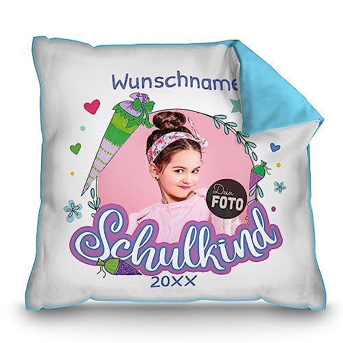 PR Print Royal Kissen zur Einschulung selbst gestalten - Schulkind mit Foto, Name und Jahr personalisiert - Zuckertüte Rosa - personalisierte Geschenke zur Einschulung | Rückseite Hellblau, 40 x 40 cm von PR Print Royal