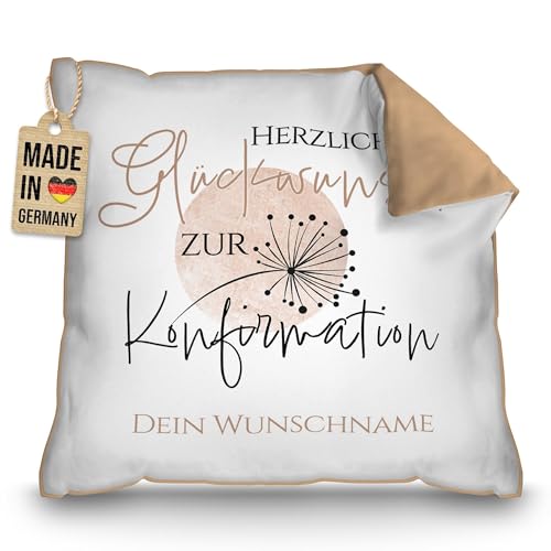 PR Print Royal Kissen zur Konfirmation mit Name selbst gestalten - Herzlichen Glückwunsch - Pusteblume - Personalisierte Konfirmationsgeschenke, inkl. Füllung, 40 x 40 cm, Rückseite Mokka PR Print Royal Kissen zur Konfirmation mit Name selbst gestalten - Herzlichen Glückwunsch - Pusteblume - Personalisierte Konfirmationsgeschenke, inkl. Füllung, 40 x 40 cm, Rückseite Mokka von PR Print Royal