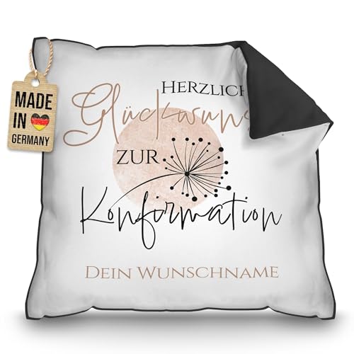 PR Print Royal Kissen zur Konfirmation mit Name selbst gestalten - Herzlichen Glückwunsch - Pusteblume - Personalisierte Konfirmationsgeschenke, inkl. Füllung, 40 x 40 cm, Rückseite Schwarz von PR Print Royal