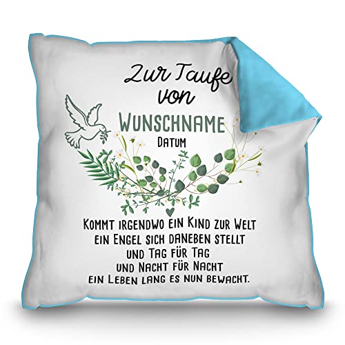 PR Print Royal Kissen zur Taufe mit Name & Datum - Kommt EIN Kind zur Welt - Geschenke zur Taufe, personalisierte Taufgeschenke Patenkind | inkl. Kissenfüllung, Rückseite Hellblau, 40 x 40 cm von PR Print Royal