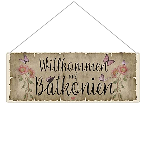 PR Print Royal Metallschild für den Balkon - Willkommen auf Balkonien - Geschenk für Freundinnen, Outdoorschild aus Aluminium | Wetterfest, Matt, 24x9 cm von PR Print Royal