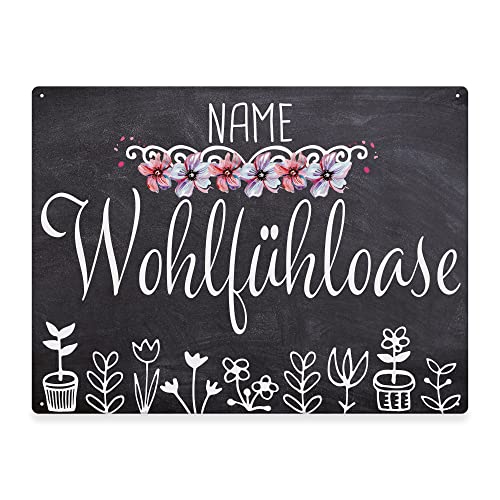 PR Print Royal Metallschild mit Name - Wohlfühloase - Türschild mit Name Personalisieren, Outdoorschild aus Aluminium | personalisierte Geschenke, Wetterfest, 21x15 cm von PR Print Royal