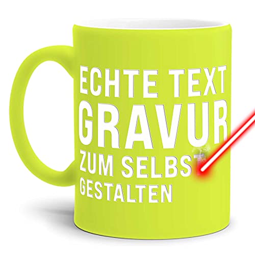 PR Print Royal Neon Tasse mit Gravur selbst gestalten - mit eigenem Wunschtext oder Wunschname gravieren - Hochwertige Keramiktasse Matte Oberfläche in Neon-Gelb, 300 ml | Personalisiert von PR Print Royal