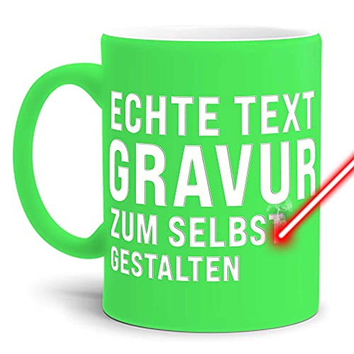 PR Print Royal Neon Tasse mit Gravur selbst gestalten - mit eigenem Wunschtext oder Wunschname gravieren - Hochwertige Keramiktasse Matte Oberfläche in Neon-Grün, 300 ml | Personalisiert von PR Print Royal