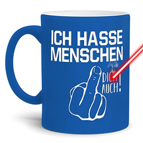 PR Print Royal Neon-Tasse mit Gravur & Spruch - Ich Hasse Menschen, Dich auch! - Lustiges Geschenk, Geburtstag, Freunde, Kollegen, Weihnachten - Keramik-Tasse gravieren, Neon-Blau, 300 ml von PR Print Royal