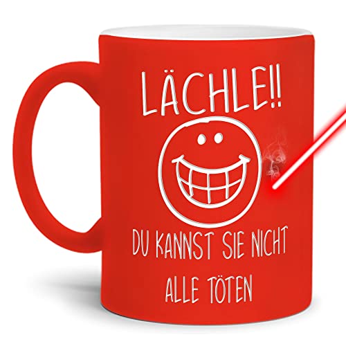 PR Print Royal Neon-Tasse mit Gravur & Spruch - Lächle, du Kannst Nicht alle töten - Lustiges Geschenk, Geburtstag, Freunde, Kollegen, Weihnachten - Keramik-Tasse gravieren, Neon-Orange, 300 ml von PR Print Royal