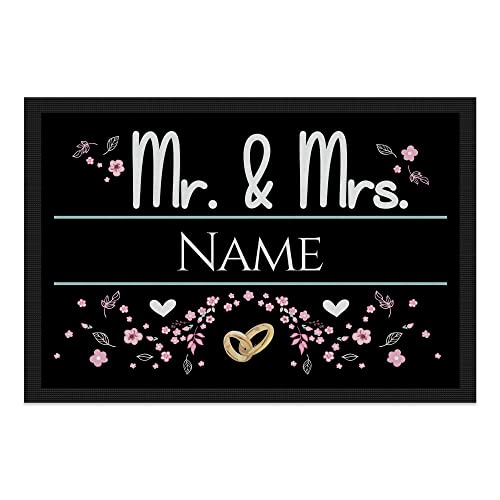 PR Print Royal Personalisierte Fußmatte mit Namen - Mr und Mrs mit Blumen und Ringe - Geschenke zum Einzug | rutschfest, 60x40cm mit Gummirand von PR Print Royal