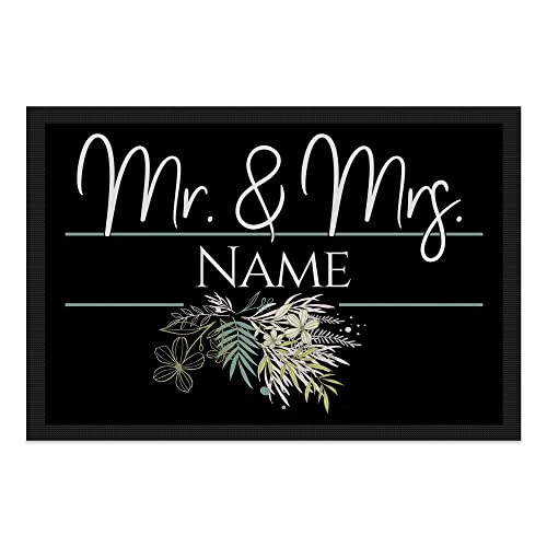 PR Print Royal Personalisierte Fußmatte mit Namen - Mr und Mrs mit Pflanzen - Geschenke zum Einzug | rutschfest, 60x40cm mit Gummirand von PR Print Royal