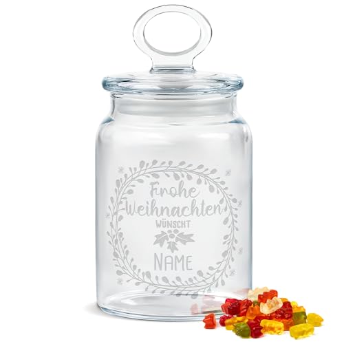 PR Print Royal Personalisierte Keksdose aus Glas mit Gravur - 800 ml - Frohe Weihnachten mit Name und Kranz, Geschenk zu Weihnachten für Freunde, Kollegen und Familie, Personalisiertes Geschenk von PR Print Royal