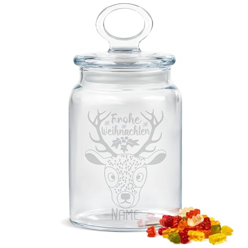 PR Print Royal Personalisierte Keksdose aus Glas mit Gravur - 800 ml - Frohe Weihnachten mit Name und Rentier, Geschenk zu Weihnachten für Freunde, Kollegen und Familie, Personalisiertes Geschenk von PR Print Royal