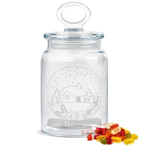 PR Print Royal Personalisierte Keksdose aus Glas mit Gravur - 800 ml - Motiv Schneekugel mit Name als Geschenk zu Weihnachten für Freunde, Kollegen und Familie, Personalisiertes Geschenk von PR Print Royal