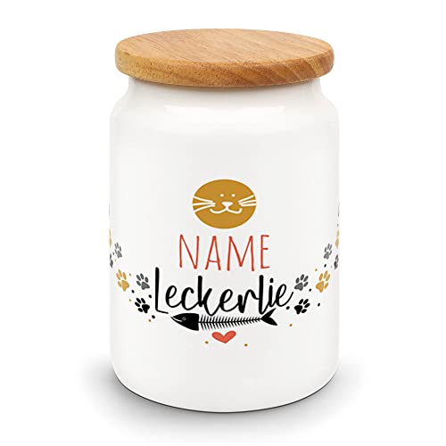 PR Print Royal Personalisierte Leckerlidose für Katzen - Vorratsdose für Katzen-Snacks personalisiert mit Katzenname - Keramikdose mit Holzdeckel - 650 ml | Geschenk für Katzenliebhaber von PR Print Royal