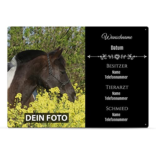 PR Print Royal Personalisiertes Boxenschild selbst gestalten mit Foto, Namen und Allen wichtigen Daten - Geschenke für Pferdeliebhaber, Stallschild aus Aluminium | Wetterfest, 28x20 cm, Schwarz von PR Print Royal