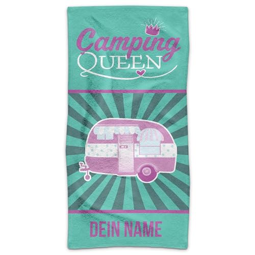 PR Print Royal Personalisiertes Handtuch für Camper mit Spruch - Camping Queen - mit Name Bedrucken | Camping Badetuch selbst gestalten, Individuelles Fotogeschenk für Campingfreunde - 140 x 70 cm von PR Print Royal