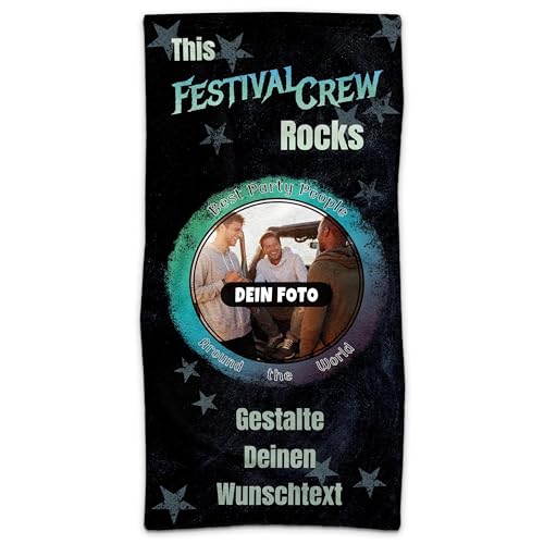 PR Print Royal Personalisiertes Handtuch mit Spruch - Festival Crew - mit Foto und Text Bedrucken | Badetuch selbst gestalten, Persönliches Geschenk für Freunde - 100 x 50 cm von PR Print Royal