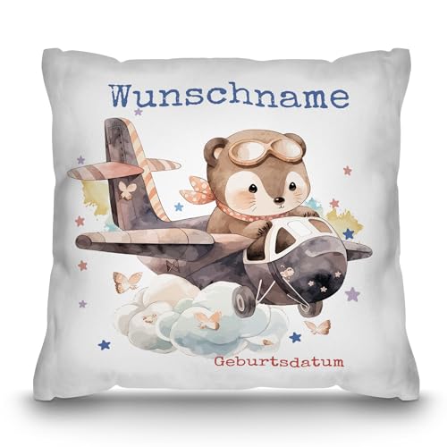 PR Print Royal Personalisiertes Kissen für Kinder mit Name und Geburtsdatum selbst gestalten - Dachs im Flugzeug - Dachs Kinderkissen mit Name | 40 x 40 cm, Weiß Polyester von PR Print Royal