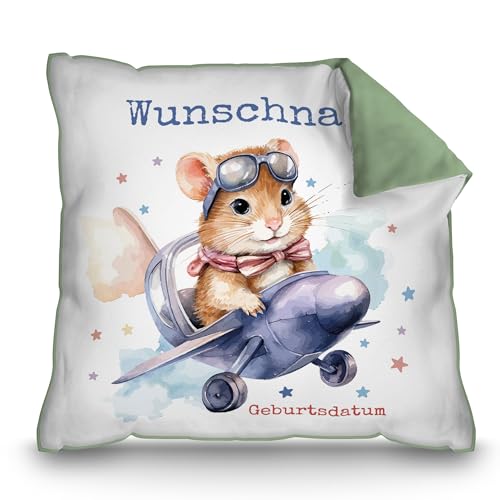 PR Print Royal Personalisiertes Kissen für Kinder mit Name und Geburtsdatum selbst gestalten - Hamster im Flugzeug - Hamster Kinderkissen mit Name | 40 x 40 cm, Rückseite Grün von PR Print Royal