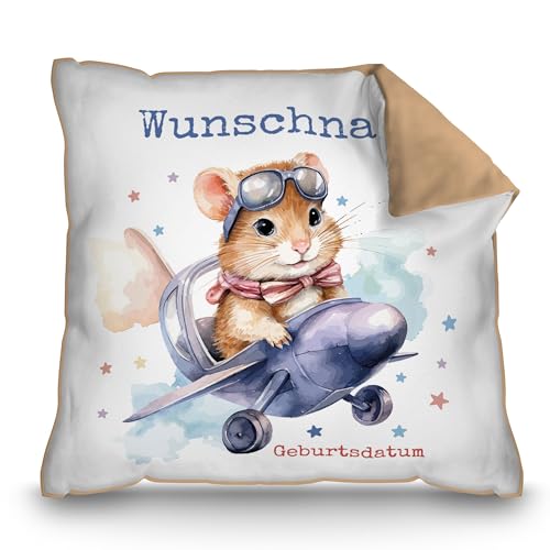 PR Print Royal Personalisiertes Kissen für Kinder mit Name und Geburtsdatum selbst gestalten - Hamster im Flugzeug - Hamster Kinderkissen mit Name | 40 x 40 cm, Rückseite Mokka von PR Print Royal