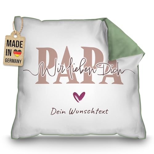 PR Print Royal Personalisiertes Kissen mit Name oder Text selbst gestalten - Papa wir lieben Dich - Vatertagsgeschenk, Geburtstag, inkl. Füllung, Rückseite Grün, 40 x 40 cm von PR Print Royal