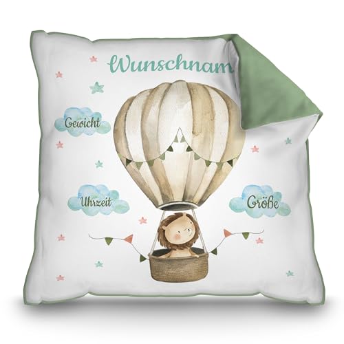 PR Print Royal Personalisiertes Kissen zur Geburt - Löwe im Heißluftballon - Geschenk zur Geburt mit Name und Geburtsdaten Personalisieren | 40 x 40 cm, Rückseite Grün von PR Print Royal