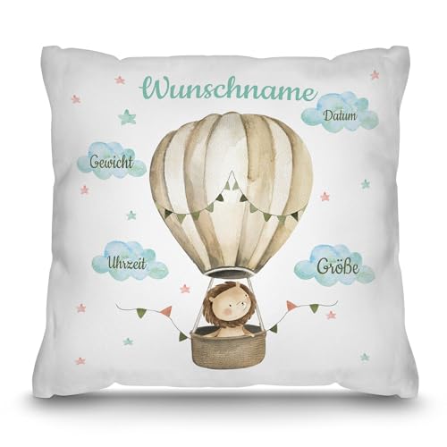 PR Print Royal Personalisiertes Kissen zur Geburt - Löwe im Heißluftballon - Geschenk zur Geburt mit Name und Geburtsdaten Personalisieren | 40 x 40 cm, Weiß von PR Print Royal