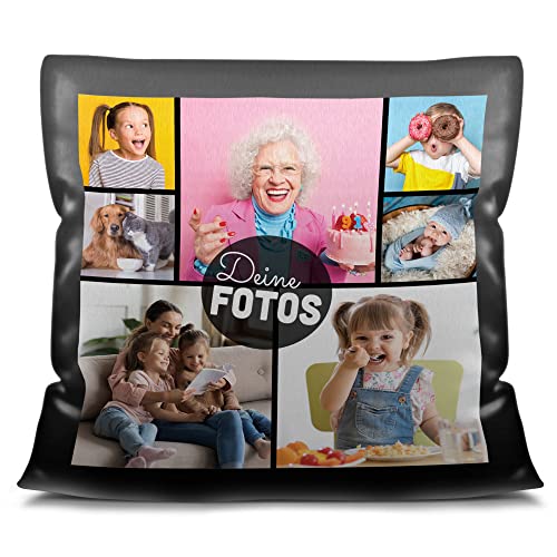 PR Print Royal Satin-Kissen mit Fotocollage selbst gestalten - mit 7 Fotos Personalisieren - Geschenk für Freunde und Familie | schwarz satiniert, inkl. Kissenfüllung, 45x45cm von PR Print Royal