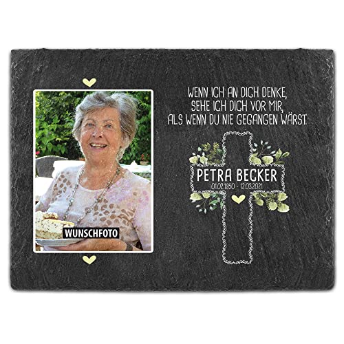 PR Print Royal Schieferplatte selbst gestalten - Gedenktafel mit Foto, Name & Datum Bedrucken - Ich denke an Dich - Grabtafel, Grabschmuck - Schiefertafel 20x30 cm I Personalisierte Erinnerung von PR Print Royal