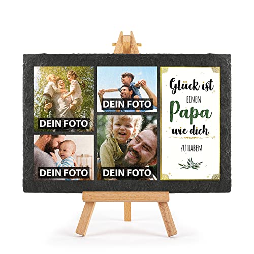 PR Print Royal Schieferplatte selbst gestalten - mit 4 Fotos Bedrucken - Glück ist einen Papa wie Dich zu haben - Geschenk Vatertag, Geburtstag, Weihnachten, Schiefertafel mit Staffelei, 20 x 30 cm von PR Print Royal