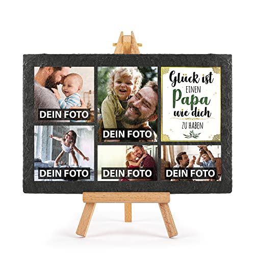 PR Print Royal Schieferplatte selbst gestalten - mit 5 Fotos Bedrucken - Glück ist einen Papa wie Dich zu haben - Geschenk Vatertag, Geburtstag, Weihnachten, Schiefertafel mit Staffelei, 20 x 30 cm von PR Print Royal