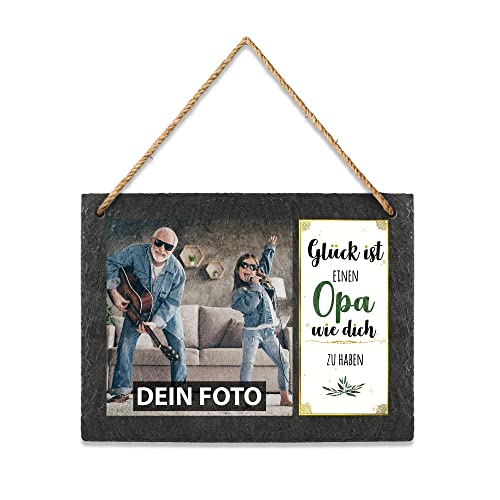 PR Print Royal Schieferplatte selbst gestalten - mit Foto Bedrucken - Glück ist einen Opa wie Dich zu haben - Geschenk für Opa zum Geburtstag, Weihnachten, Schiefertafel zum Aufhängen, 15 x 20 cm von PR Print Royal