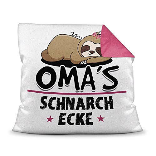 PR Print Royal Schnarch-Kissen - mit Spruch für Oma - Omas Schnarch-Ecke, Sabber-Kissen - Lustiges Geschenk für die Beste Oma, Geburtstag, Weihnachten - Farbkissen Rückseite Pink, 40x40 cm von PR Print Royal