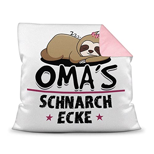 PR Print Royal Schnarch-Kissen - mit Spruch für Oma - Omas Schnarch-Ecke, Sabber-Kissen - Lustiges Geschenk für die Beste Oma, Geburtstag, Weihnachten - Farbkissen Rückseite Rosa, 40x40 cm von PR Print Royal