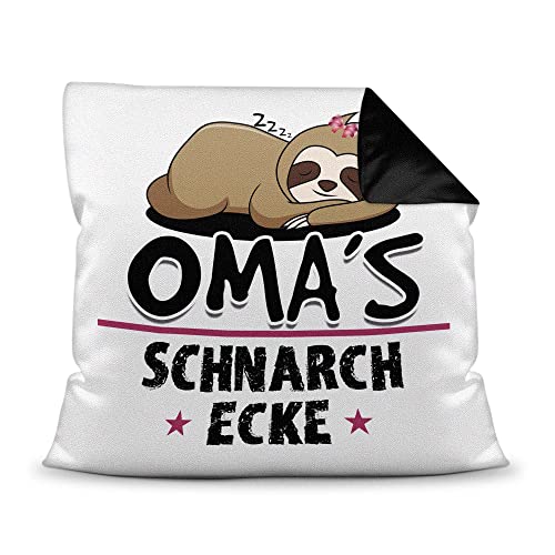 PR Print Royal Schnarch-Kissen - mit Spruch für Oma - Omas Schnarch-Ecke, Sabber-Kissen - Lustiges Geschenk für die Beste Oma, Geburtstag, Weihnachten - Farbkissen Rückseite Schwarz, 40x40 cm von PR Print Royal