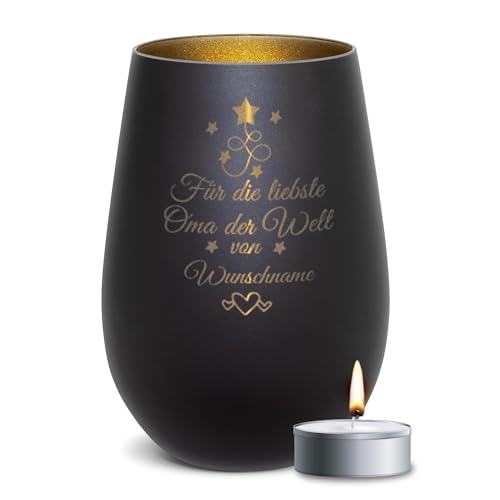 PR Print Royal Schwarzes Windlicht mit Gravur - Für die liebste Oma - mit Name Personalisieren - Geschenk für Oma | Individuelle Gravur inkl. Teelicht, 450 ml, Innen Gold von PR Print Royal