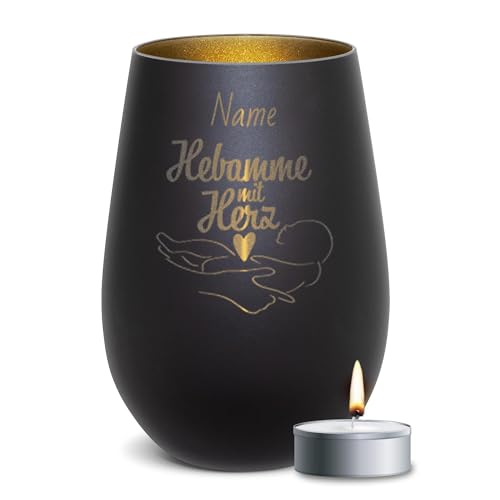 PR Print Royal Schwarzes Windlicht mit Gravur - Hebamme mit Herz - mit Name Personalisieren - Geschenke für Hebamme, Dankeschön Geschenk zur Geburt | inkl. Teelicht, 450 ml, Innen Gold von PR Print Royal