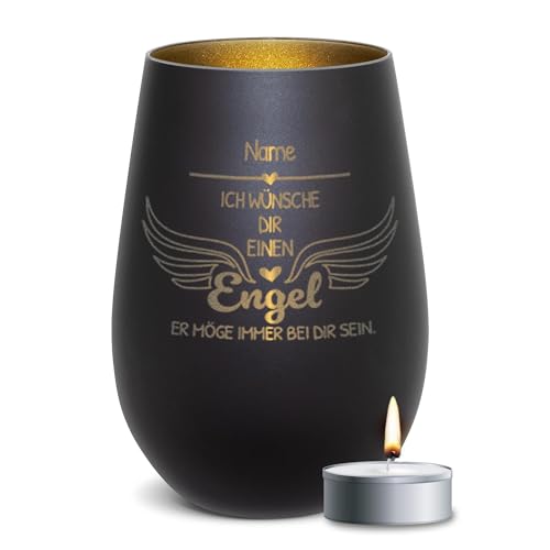 PR Print Royal Schwarzes Windlicht mit Gravur - Ich wünsche dir einen Engel - mit Name gravieren - Geschenke zur Taufe, Kommunion, Konfirmation | inkl. Teelicht, 450 ml, Innen Gold von PR Print Royal