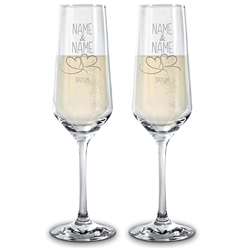 PR Print Royal Sekt-Glas mit Gravur - Herzen - mit Namen & Datum selbst gestalten - Sekt-Gläser graviert für Paare, Geschenk Valentinstag, Hochzeit, Weihnachten, 2er-Set von PR Print Royal