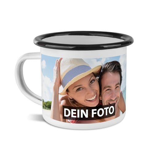 PR Print Royal Tasse mit Foto und Text selbst gestalten - Wunschtext, Wunschfoto, Geburtstag, Weihnachten - Emaille Rand Schwarz, 300 ml I Personalisiert von PR Print Royal