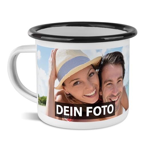 PR Print Royal Tasse mit Foto und Text selbst gestalten - Wunschtext, Wunschfoto, Geburtstag, Weihnachten - Emaille Rand Schwarz, 480 ml I Personalisiert von PR Print Royal