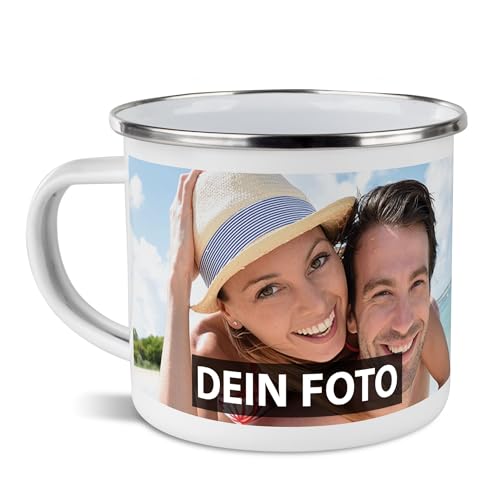 PR Print Royal Tasse mit Foto und Text selbst gestalten - Wunschtext, Wunschfoto, Geburtstag, Weihnachten - Emaille Rand Silber, 480 ml I Personalisiert von PR Print Royal