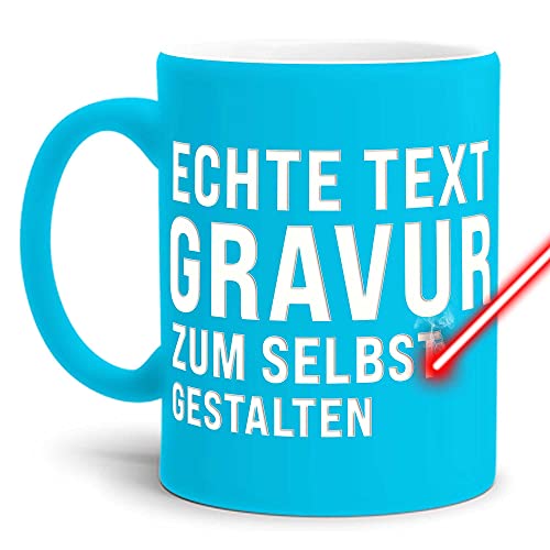 PR Print Royal Tasse mit Gravur selbst gestalten - mit eigenem Wunschtext oder Wunschname gravieren - Keramiktasse Matte Oberfläche - hellblau, 300 ml | Personalisiert mit Lasergravur von PR Print Royal